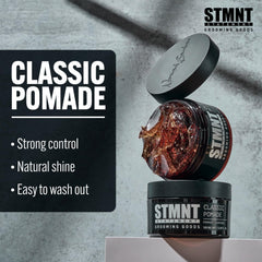 STMNT Grooming Goods Classic Pomade jar texture visible, signaling easy wash-out and flexible control.