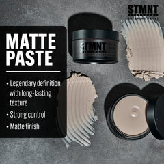 STMNT Matte Paste being applied to dry hair for firm hold.
