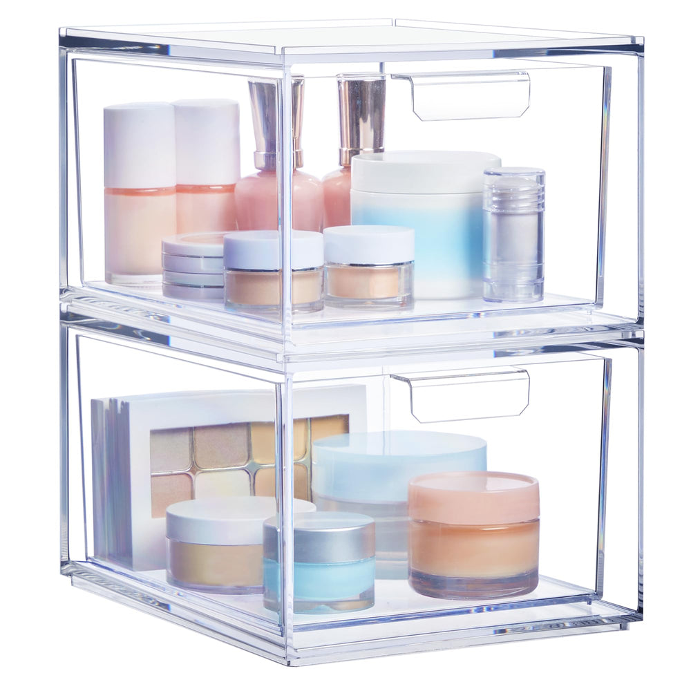STORi Audrey stackable clear bin drawer on vanity for cosmetics organization