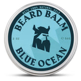 Striking Viking Beard Balm in blue ocean jar for soft, hydrated facial hair.