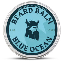 Striking Viking Beard Balm in blue ocean jar for soft, hydrated facial hair.