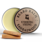 Striking Viking beard balm sandalwood tin closeup for hydrated beard.