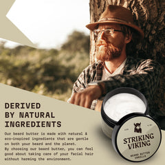 Striking Viking beard butter application demonstrates easy smoothing of whiskers without heaviness