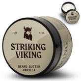 Striking Viking beard butter vanilla jar shown for non-greasy hydration and fragrance