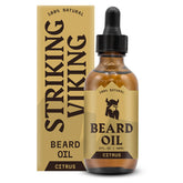 Striking Viking Citrus Beard Oil bottle promises moisturizing beard care.