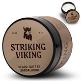 Striking Viking sandalwood beard butter jar shows hydrating, non-greasy formula.