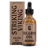 Striking Viking sandalwood beard oil bottle pour demonstrates fast absorption and hydration