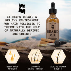 Striking Viking sandalwood beard oil drops on hand illustrate fast absorption