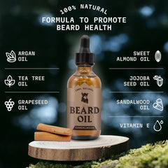 Striking Viking sandalwood beard oil label detail highlights natural ingredients for daily care
