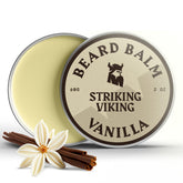 Striking Viking vanilla beard balm 2oz tin softens coarse facial hair for easy grooming.