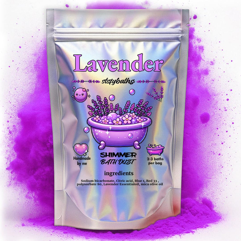 Bomba de baño morada con brillo lavanda en bolsa de Stsfybaths para spa en casa.