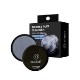 STUDIO17 solid makeup brush cleaner packaging highlights easy storage and hygiene