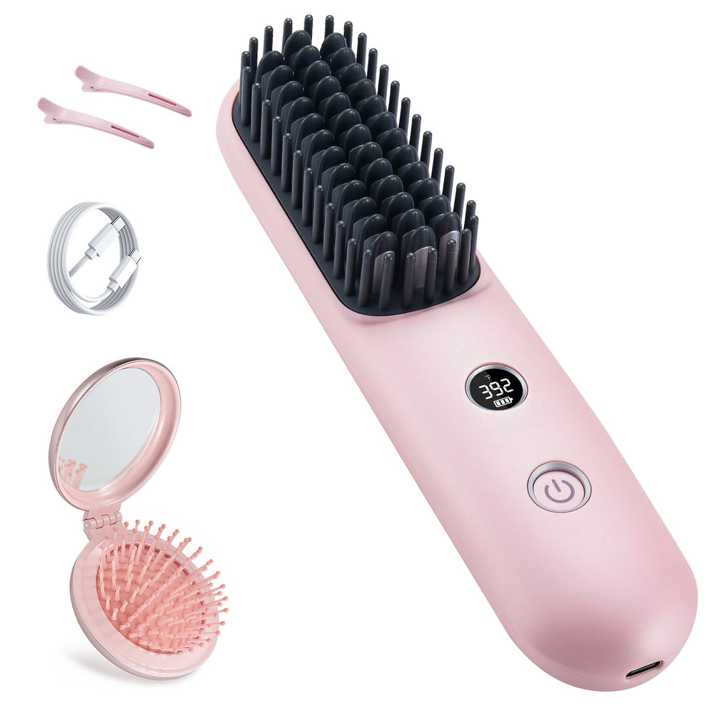 STUDLLY cordless hair straightener brush in pink for on-the-go styling