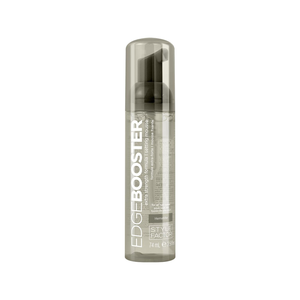 Style Factor Edge Booster mousse hematite bottle closeup showing frizz control