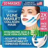 Stylia MaxiLift box packaging shows the premium V-Line mask set for contour-ready skincare.