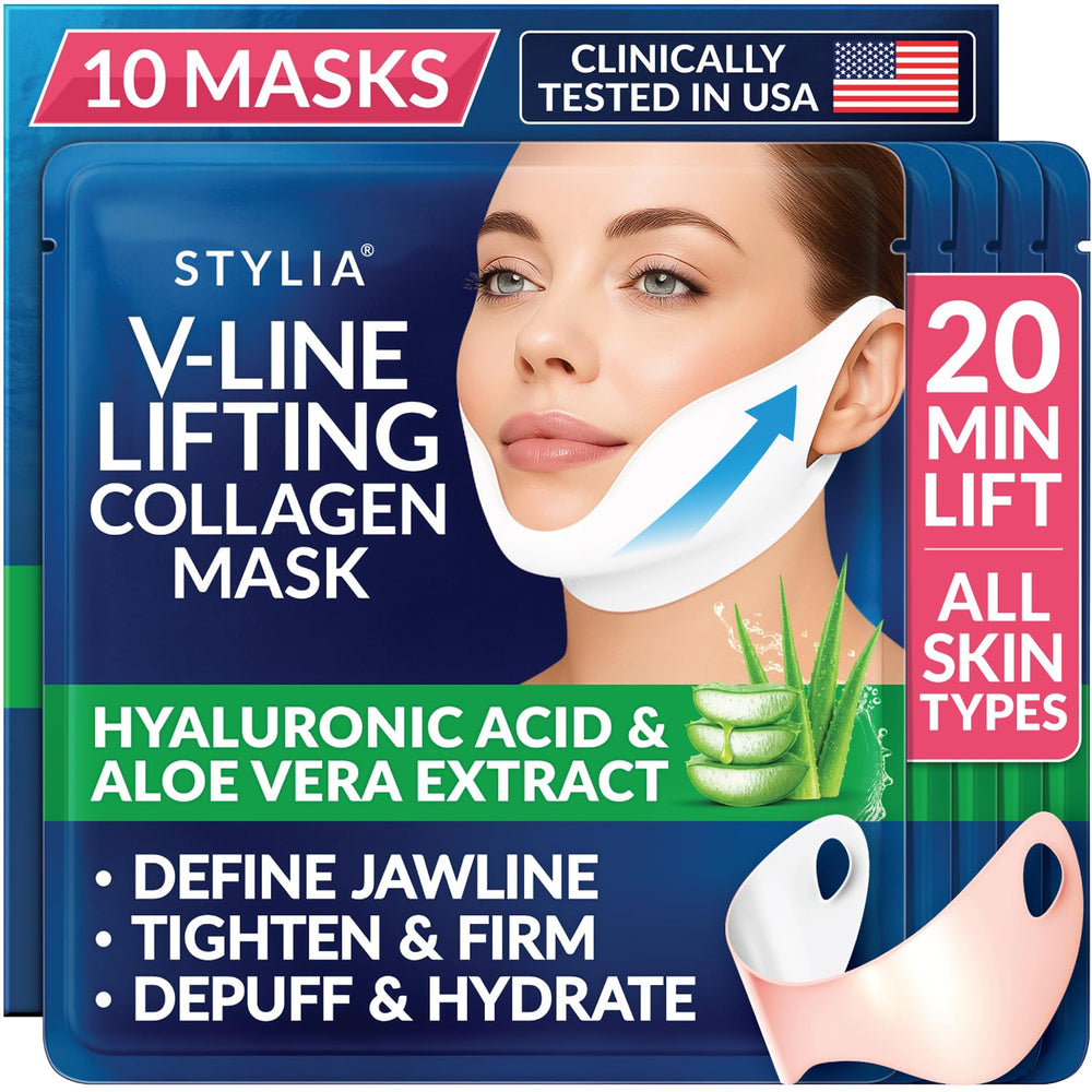 Stylia V-Line lifting collagen mask enhances jawline definition for a sculpted look.