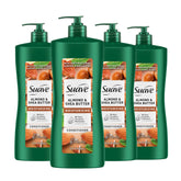 Acondicionador Suave con almendra y karité; botella visible, hidratación suave para el cabello.