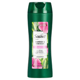 Suave Bamboo Hibisco Shampoo, botella-vertido, anuncia volumen ligero para cabello fino.