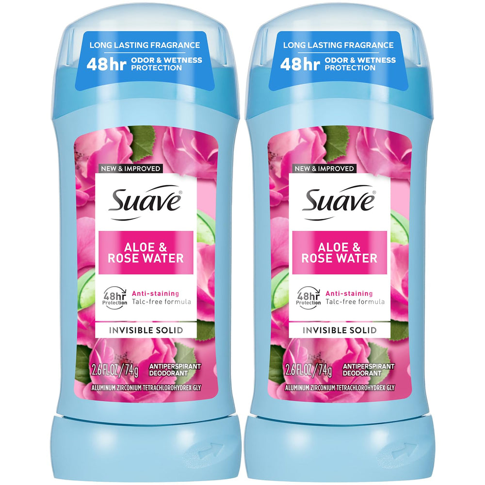 Suave desodorante para mujer Aloe y agua de rosas, paque de dos para uso diario.