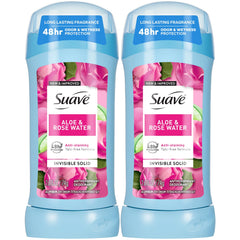 Suave desodorante para mujer Aloe y agua de rosas, paque de dos para uso diario.