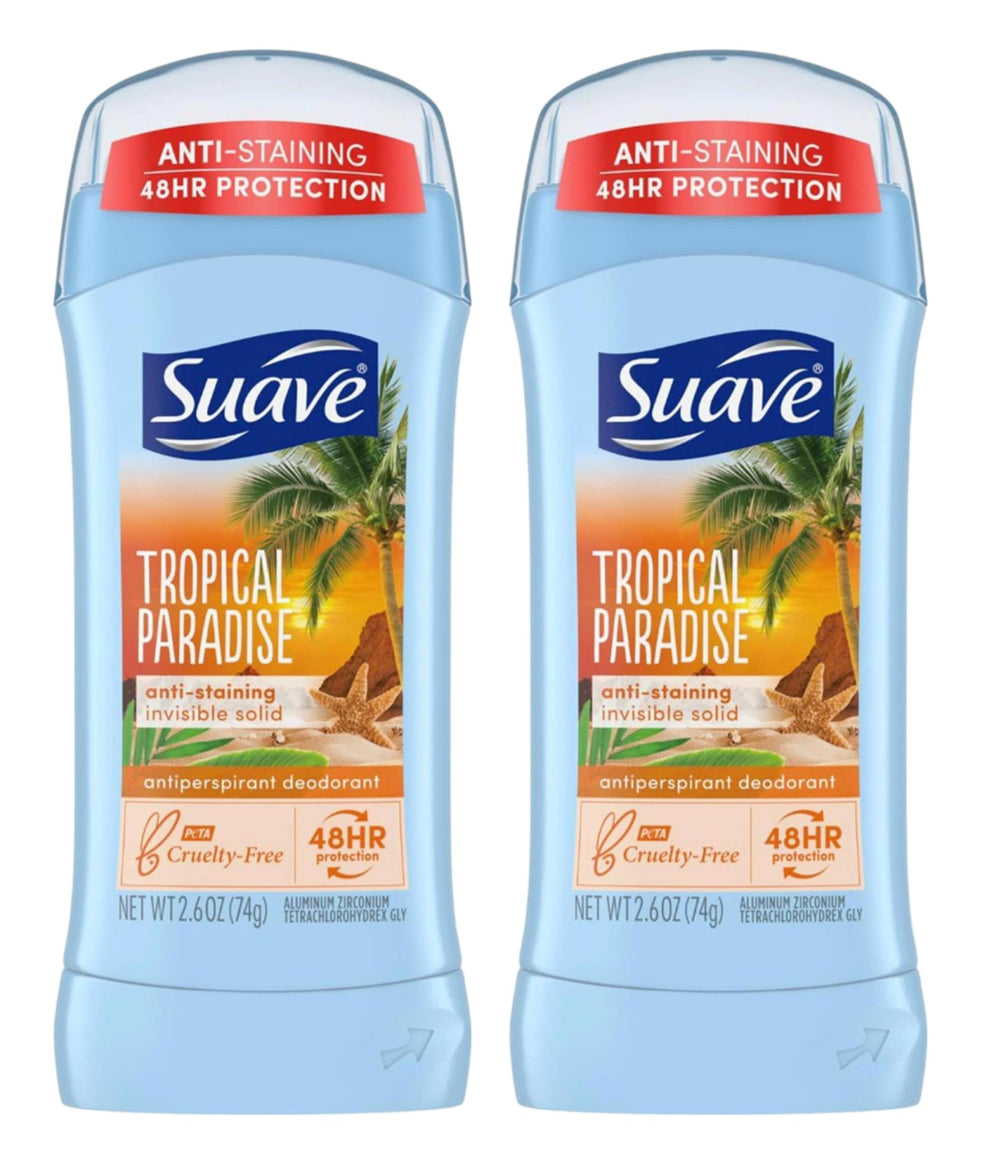 Desodorante Suave Paraiso Tropico Invis Solid en empaque 2-pack para viaje.