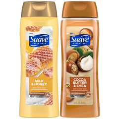 Suave Ducha Corporal Leche y Miel: botella visible, hidratación suave para la piel.
