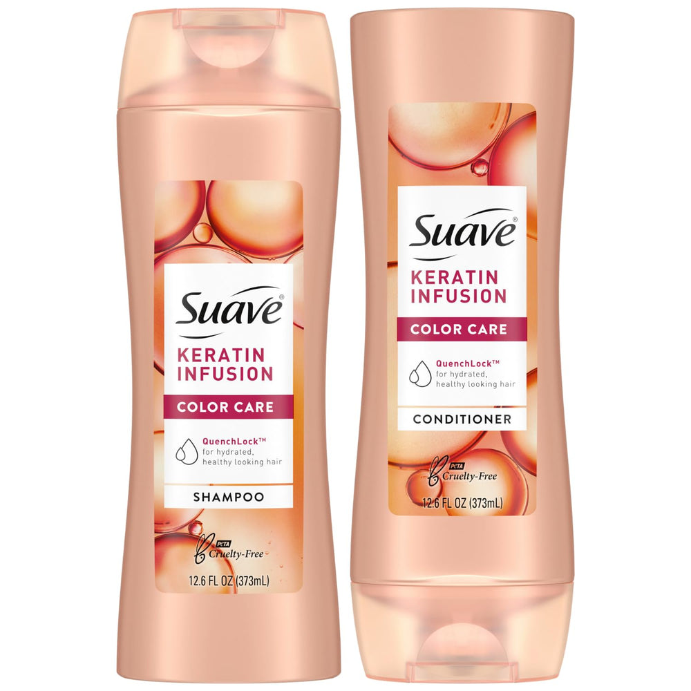 Suave Keratin Infusion champú botella: protección del color para cabello suave y brillante.