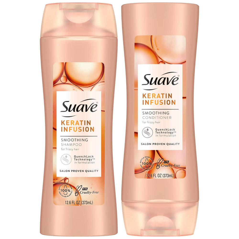 Suave Keratina Champú, botella, cabello suave y brillo tras el primer lavado.