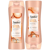 Suave Keratina Champú, botella, cabello suave y brillo tras el primer lavado.