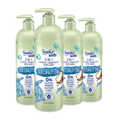 Suave Kids 3-in-1 coconut oil bottle promises gentle cleansing for hair and skin.