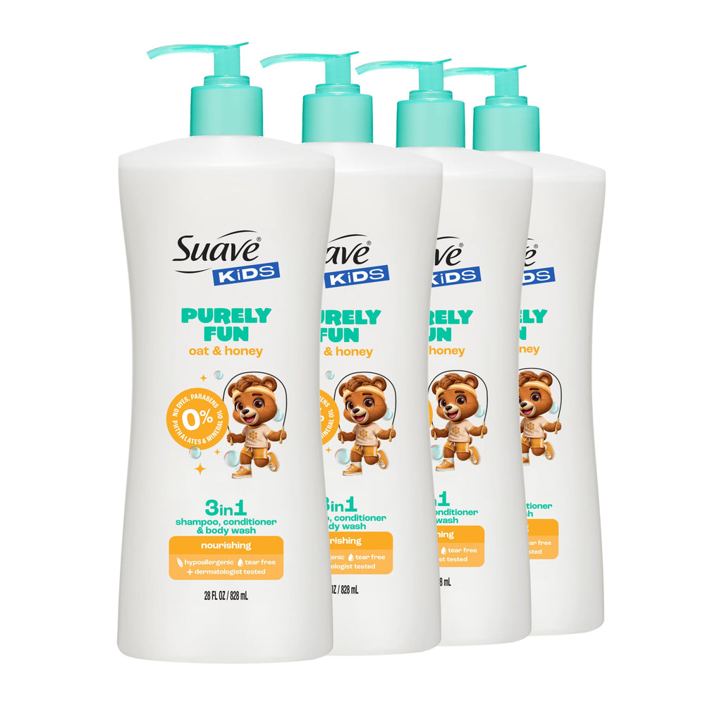 Suave Kids Purely Fun 3-in-1 bottle front shows easy head-to-toe cleansing