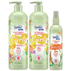 Suave Kids Shampoo bottle for curls with Sweet Almond & Honey hydrates curls.