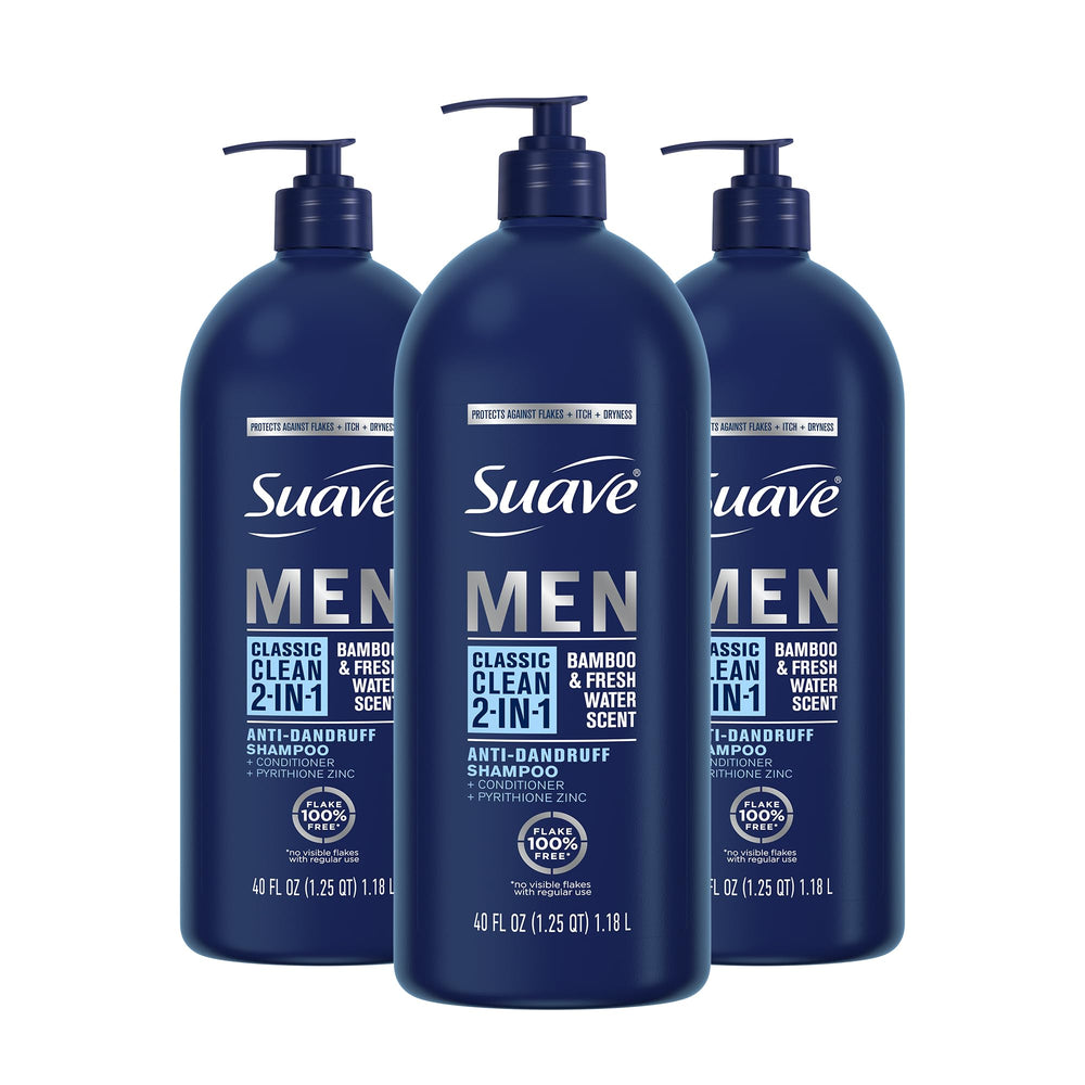 Frente de la botella Suave Men 2 en 1, ideal para una rutina diaria rápida.