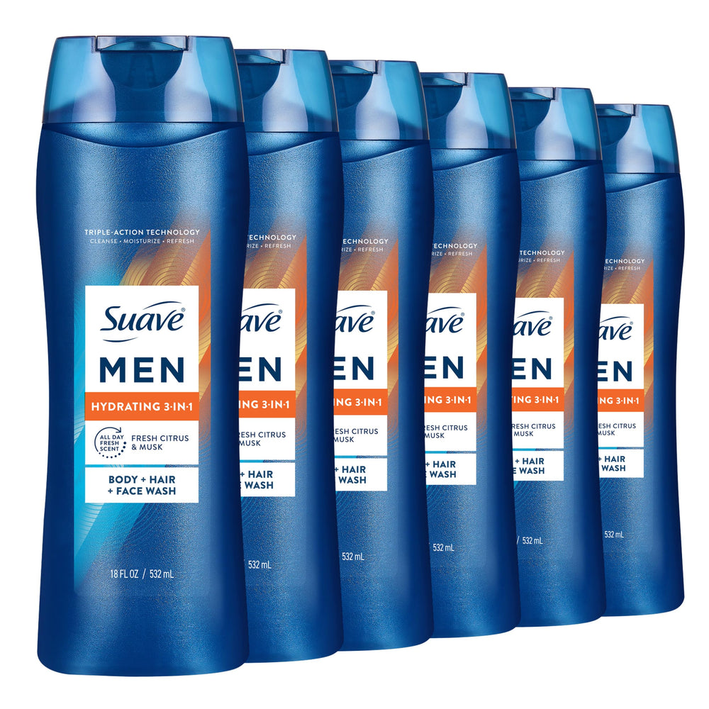 Suave Men 3-en-1 botella frontal ofrece hidratación diaria para piel suave.