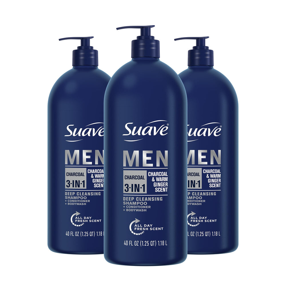 Suave Men 3in1 charcoal pump bottle for quick, all-in-one cleansing.