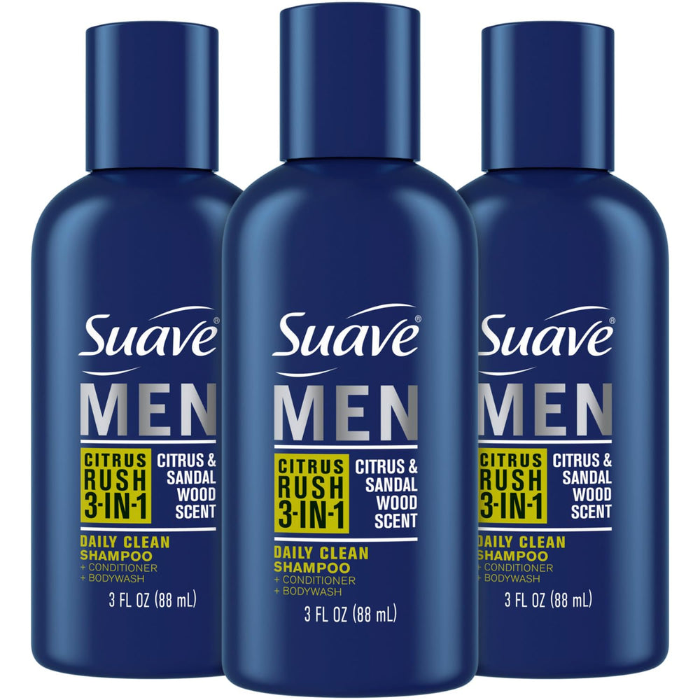 Suave Men Citrus Rush, botella frontal, tres en uno para cabello y piel suaves