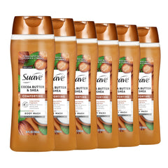 Suave Moisturizing Body Wash bottle features cocoa butter and shea for lasting hydration.