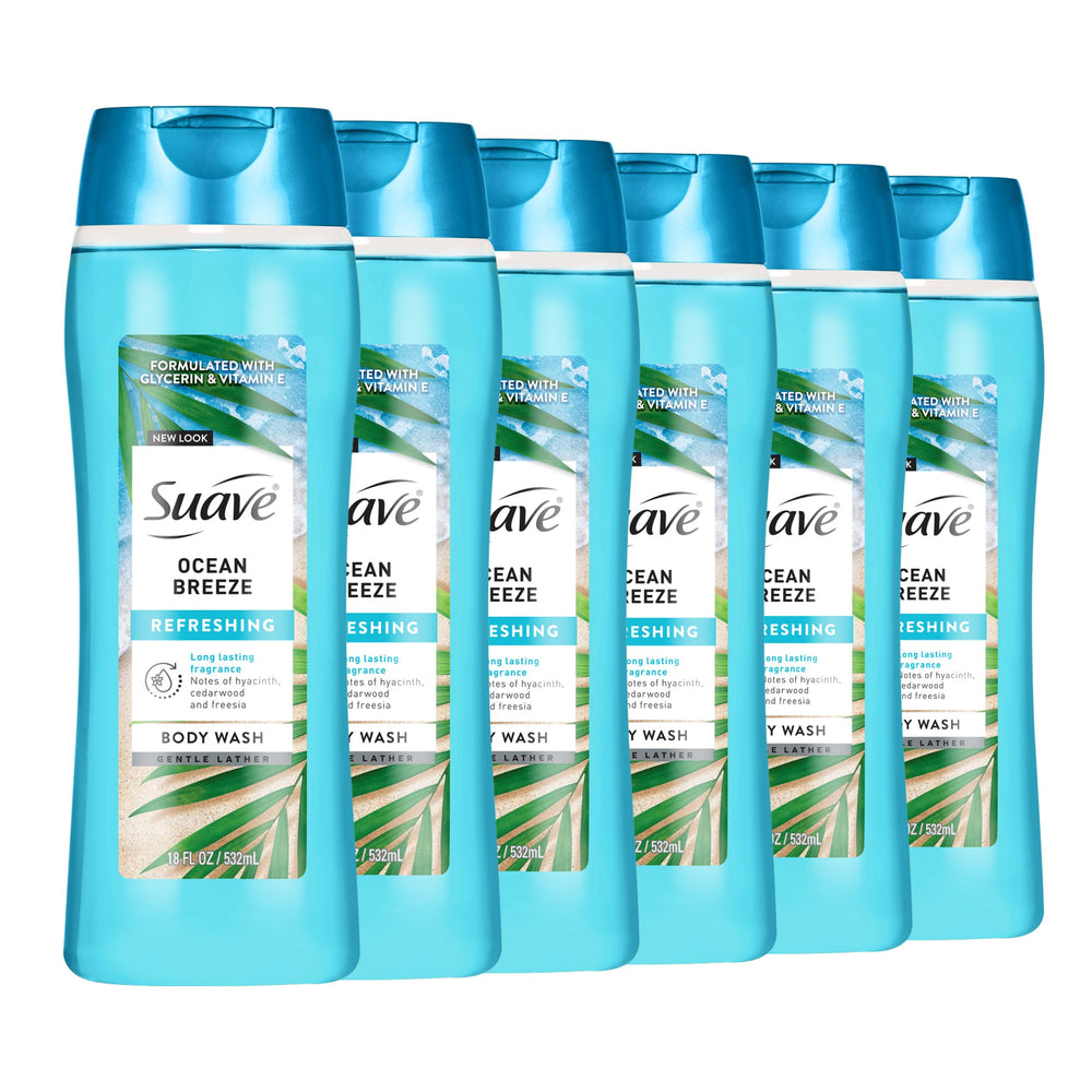 Suave Ocean Breeze bottle front, highlighting the product name and hydrating formula.