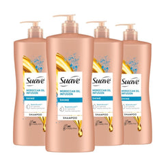 Suave Moroccan Infusion Shine Shampoo bottle with argan oil for radiant shine.
