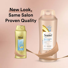 Argan oil infused formula signals nourishing care for daily use by Suave Moroccan Infusion Shine Shampoo.