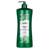 Suave Rosemary and Mint shampoo bottle with invigorating, hydrating cleanse