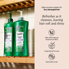 Close-up of Suave Rosemary and Mint shampoo label highlighting natural ingredients