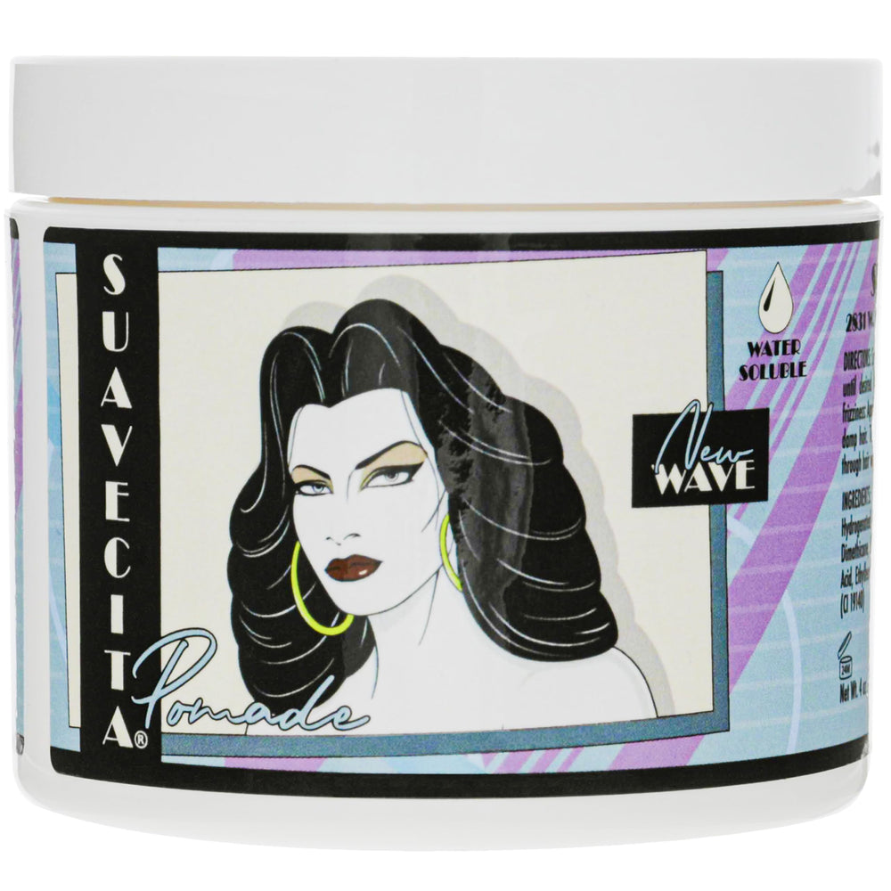 Pomada Suavecita Edición Nueva Ola en lata de 4 oz, brillo natural y lavado fácil.