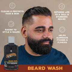 Suavecito beard wash after-use image showing dirt and oil removal from beard.
