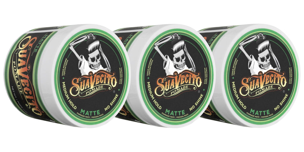 Suavecito Matte Pomade jar close-up shows shine-free natural finish for everyday styling.