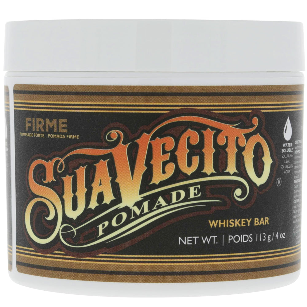 Suavecito Pomade Firme Whisky, frasco visible, aroma intenso para peinados.