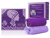 SubSahara authentic African net sponge two-pack in deep purple and lavender purple for gentle exfoliation.