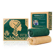 SubSahara authentic African net sponge in golden and forest green with knotted texture for gentle exfoliation.
