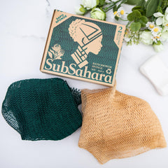 SubSahara exfoliating net sponge used on body and face for gentle exfoliation and rich lather.