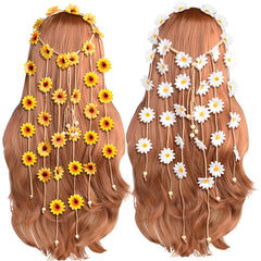 Diadema floral hippie de Sucrain con giras amarillas y cuentas blancas, ideal para festivales.